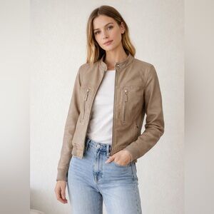 Gianni Bini Genuine Leather Moto Jacket Bomber Taupe Gray Zip Size Small